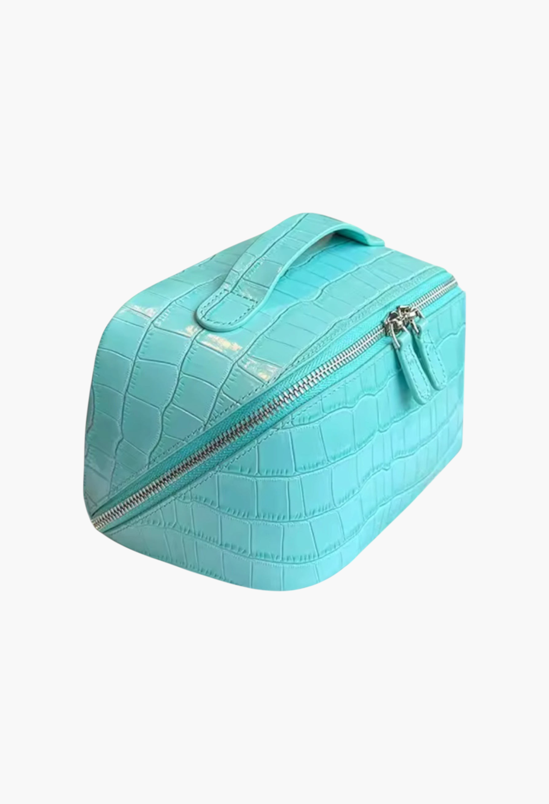 GLAM MODA sky blue genuine leather makeup bag with a crocodile embossed texture and silver zipper closure