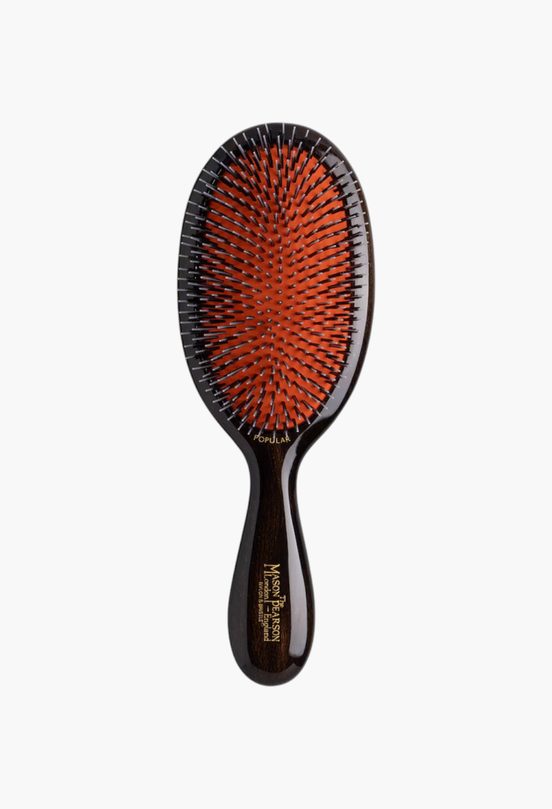 GLAM MODA Mason Pearson Popular hairbrush with dark wood handle, orange rubber cushion, and boar and nylon bristles.