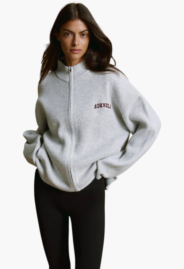 Ribbed Zip Through Knit Sweatshirt - Light Grey Melange/Burgundy