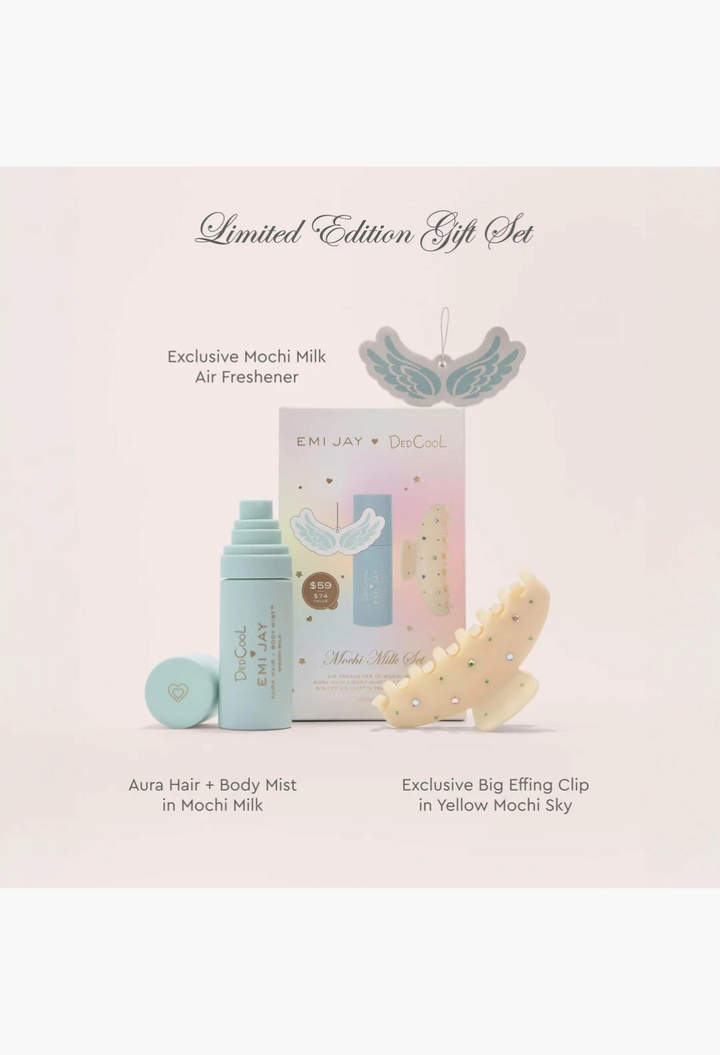 GLAM MODA DedCool x Emi Jay Mochi Milk gift set featuring a hair and body mist, yellow hair clip, and air freshener.