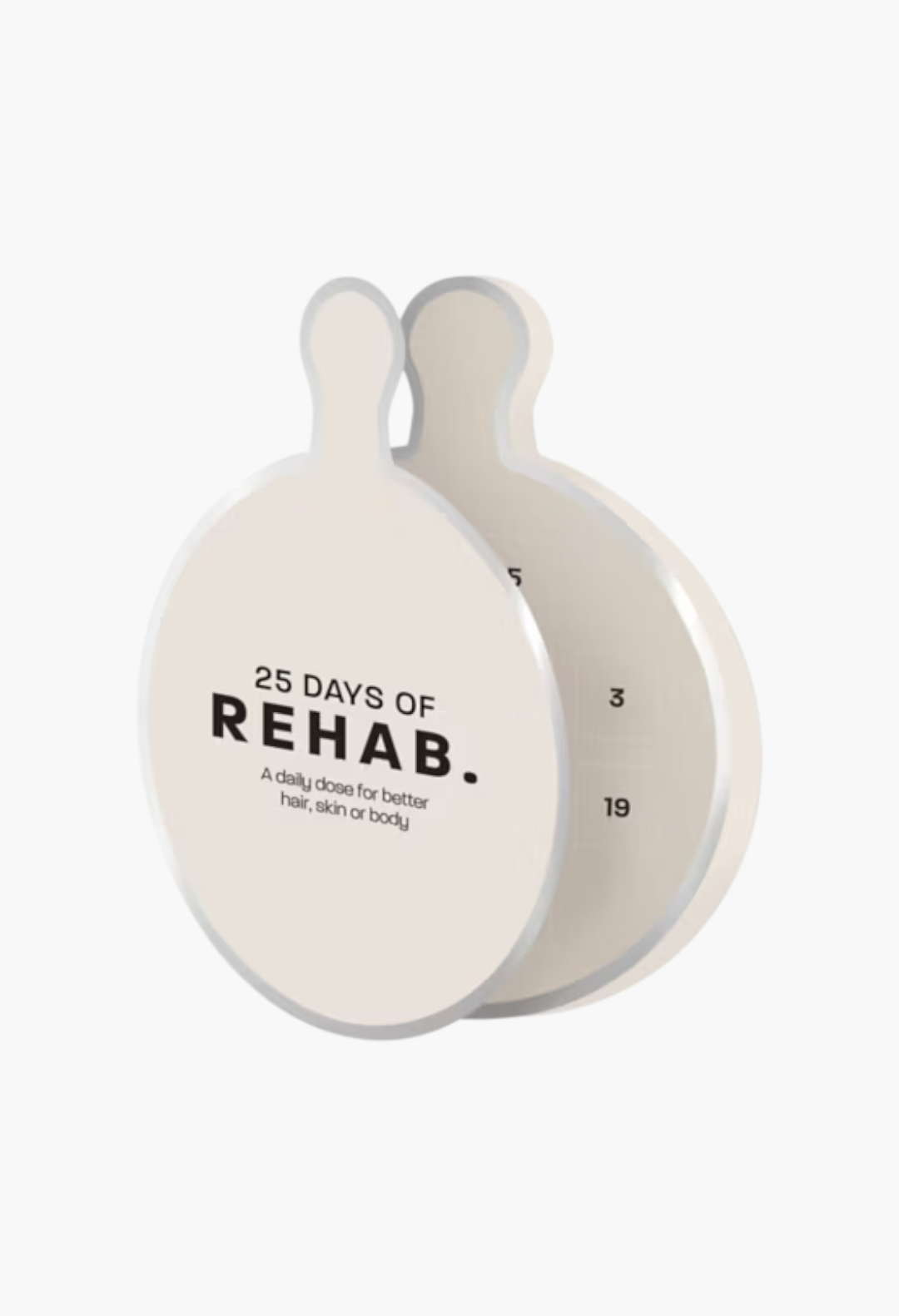 GLAM MODA REHAB. Dose Advent Calendar with 25 days of hair, skin, and body oil capsules in a circular cream design.