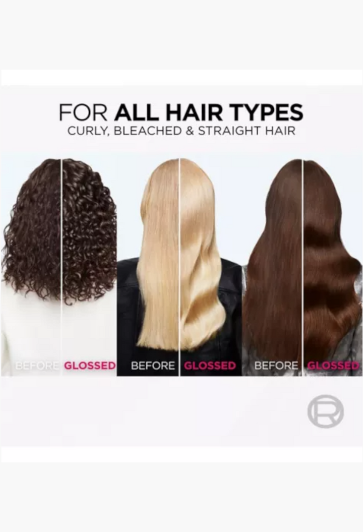 GLAM MODA comparison showing before and after results of L'Oreal Paris Elvive Glycolic Gloss on various hair types.