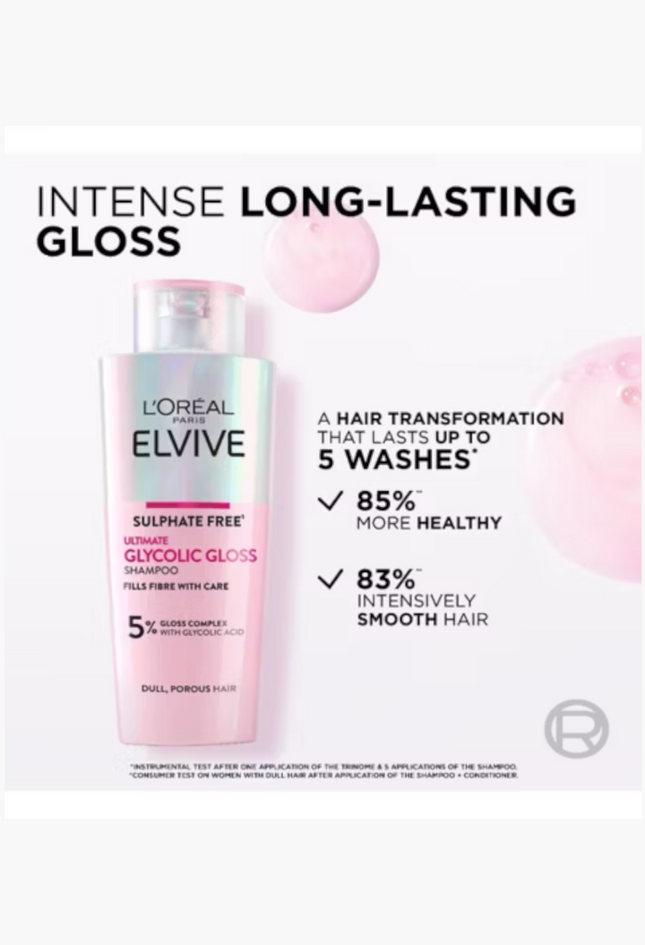 GLAM MODA L'Oreal Paris Elvive Glycolic Gloss sulfate-free shampoo bottle for shiny, smooth hair.
