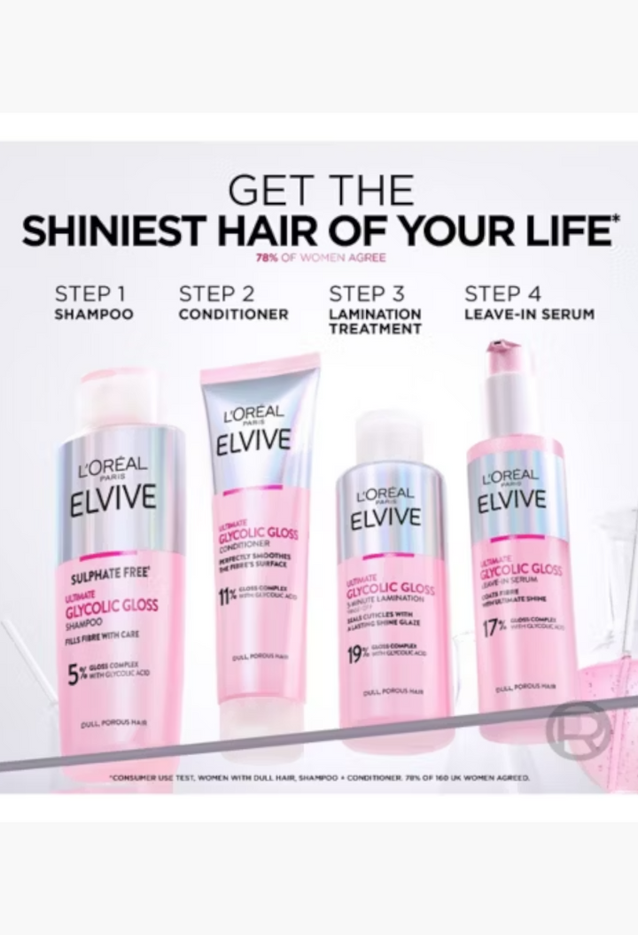 GLAM MODA L'Oreal Paris Elvive Glycolic Gloss hair care range including shampoo, conditioner, treatment, and serum.