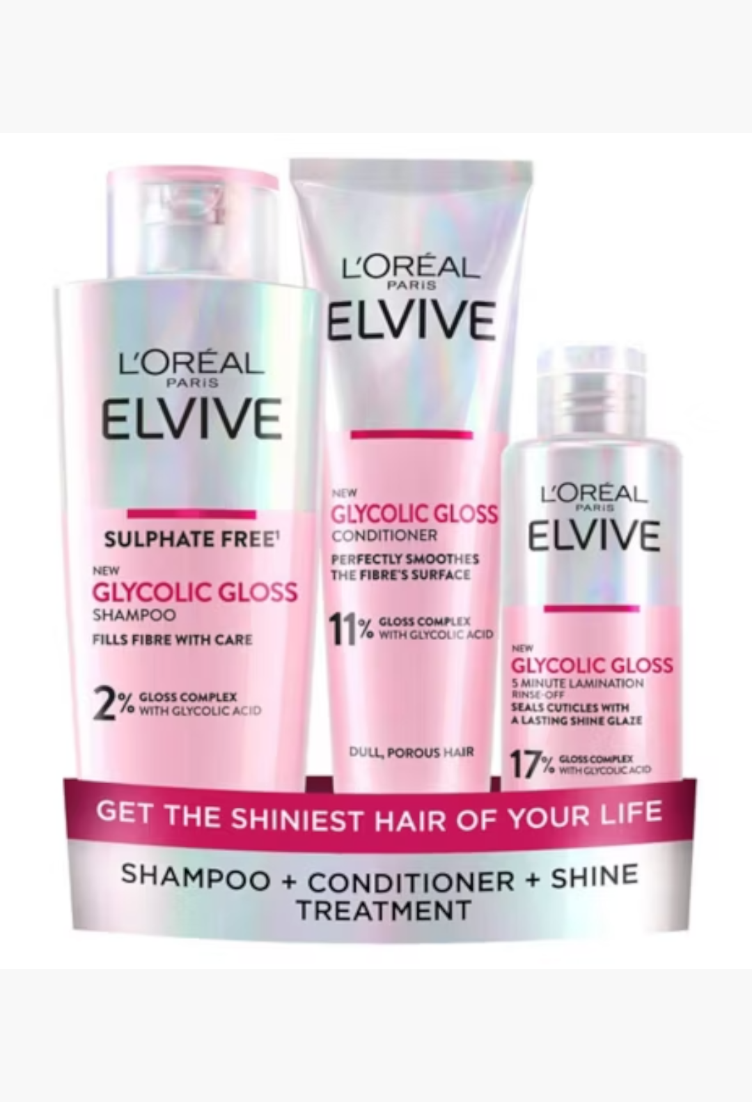 GLAM MODA L'Oreal Paris Elvive Glycolic Gloss shampoo, conditioner, and shine treatment set for radiant hair.