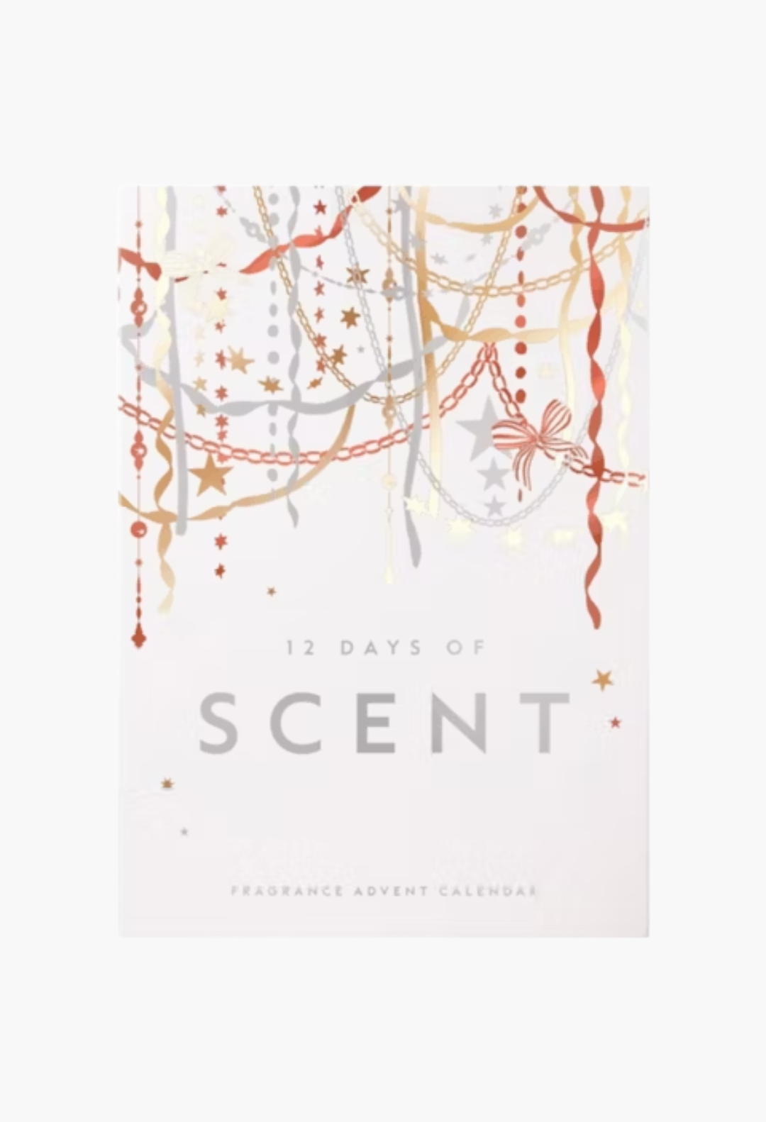 GLAM MODA 12 Days of Scent fragrance advent calendar with elegant gold and silver festive ribbon and star design.