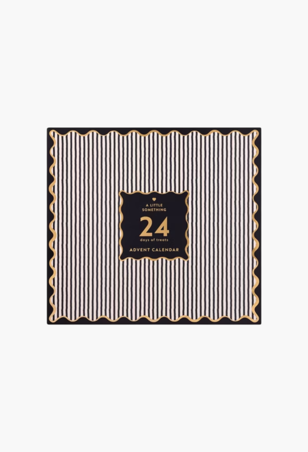 GLAM MODA A Little Something 24-day beauty advent calendar with black and white vertical stripes and gold trim.