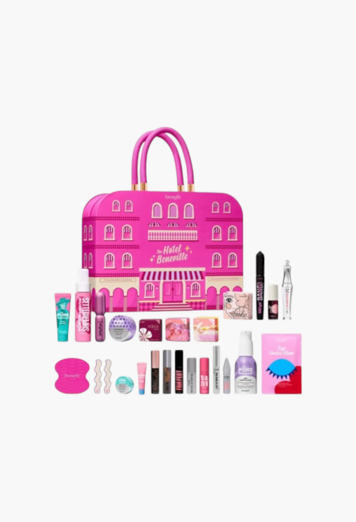 GLAM MODA Benefit The Hotel Beneville 24-piece beauty advent calendar featuring makeup, skincare, and accessories.