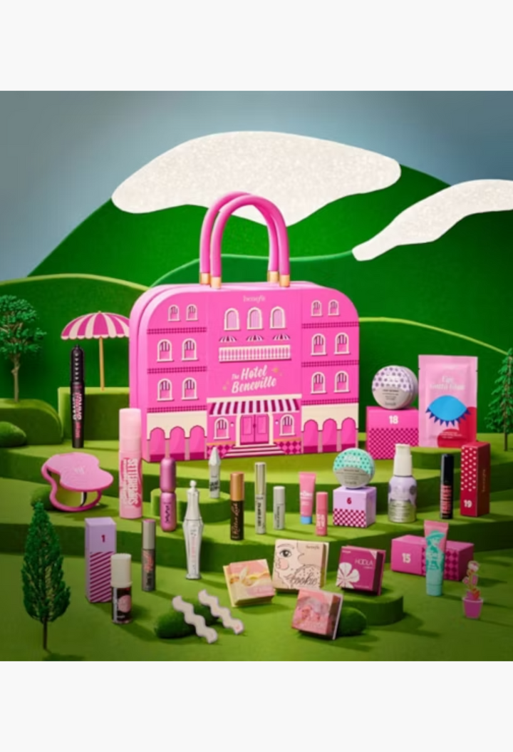 GLAM MODA Benefit The Hotel Beneville 24-piece beauty advent calendar set with makeup, skincare, and accessories.