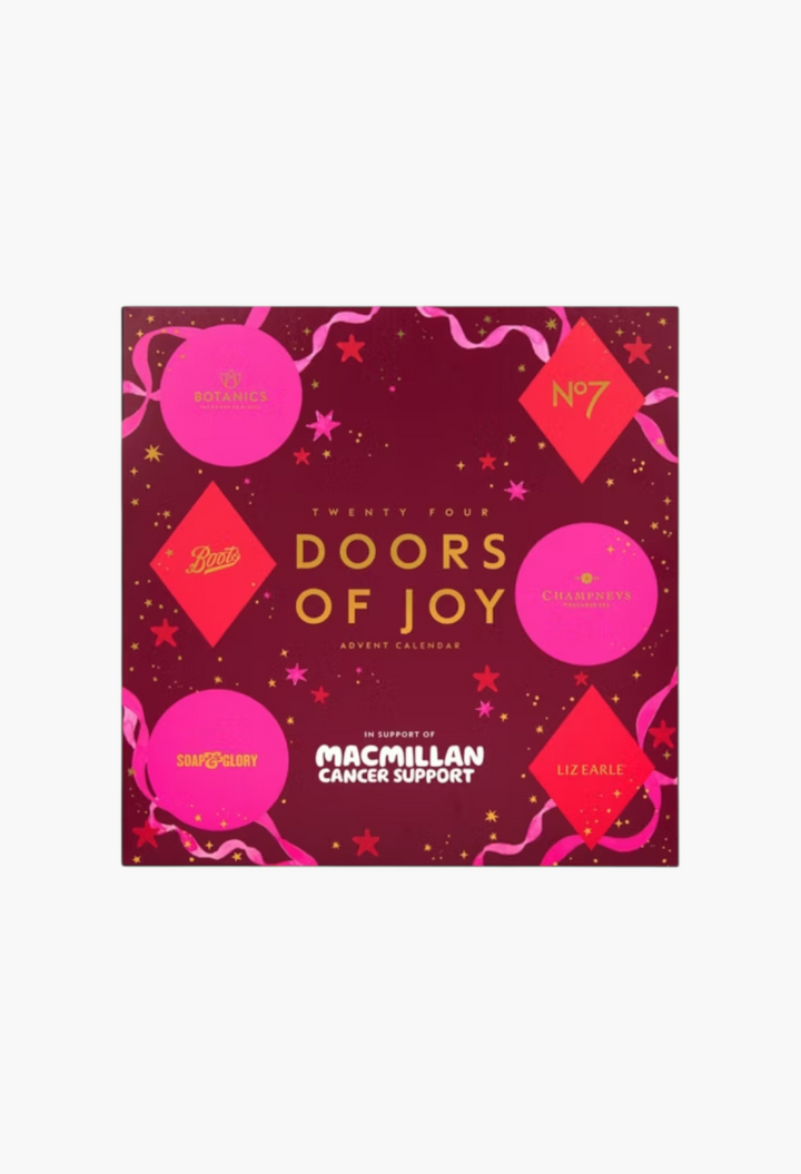 GLAM MODA Macmillan 24 Doors Of Joy beauty advent calendar in deep red with pink festive star and ribbon accents.