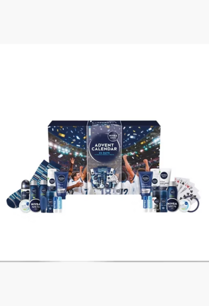 GLAM MODA NIVEA MEN advent calendar featuring 24 grooming products including deodorants, shaving gel, and skincare.
