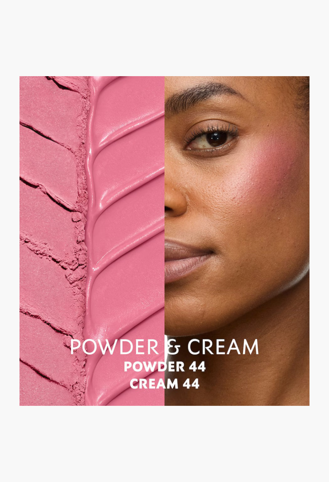 GLAM MODA Make Me Blush cream and powder blush swatch in pink on skin for a dewy, vibrant glow.
