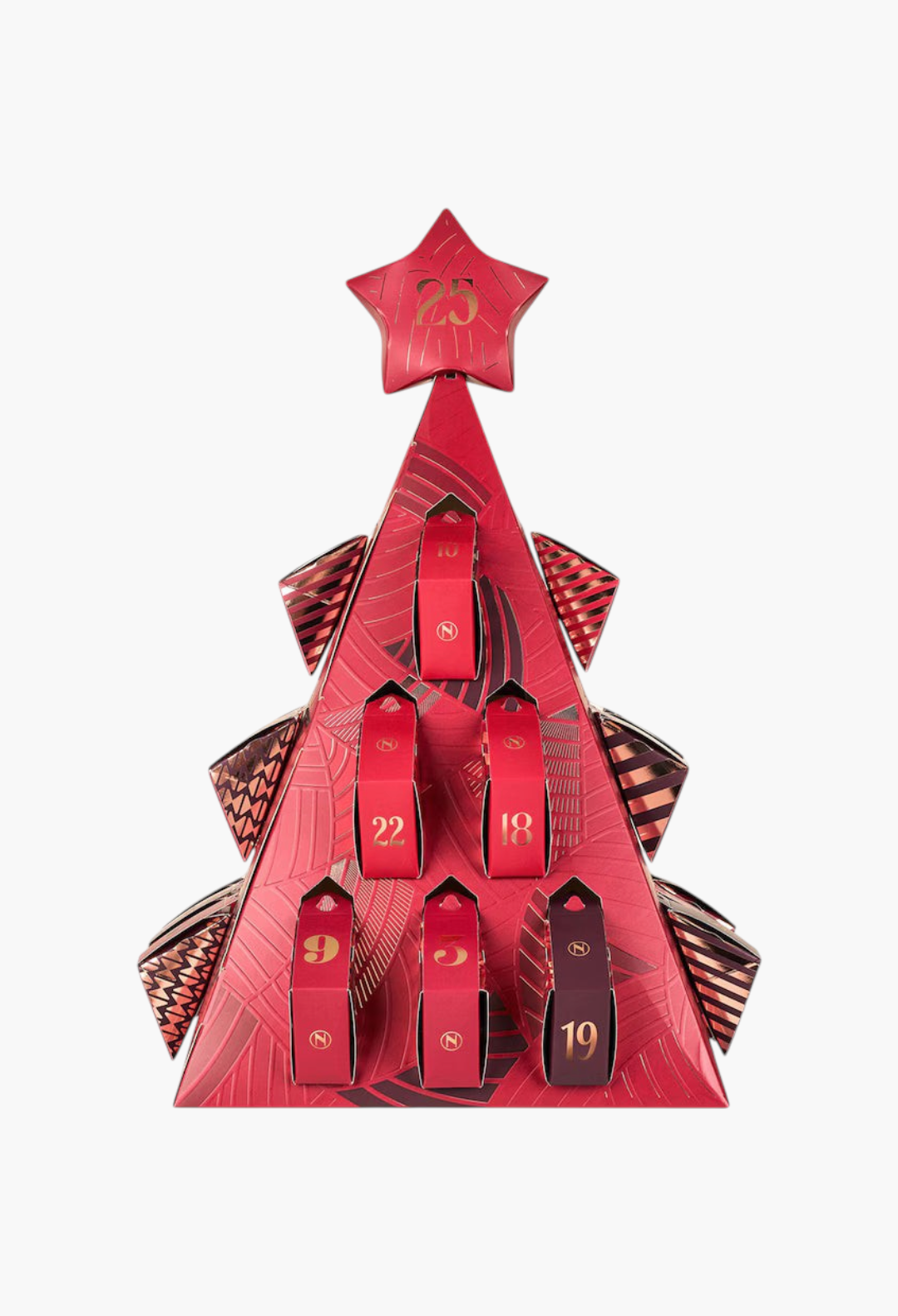 GLAM MODA Irrésistibles Advent Calendar 2026 in a red Christmas tree shape with 25 individual chocolate gift boxes.