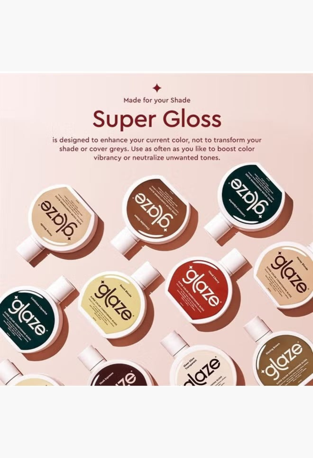 GLAM MODA Glaze Super Color Conditioning Gloss bottles in various shades arranged on a soft pink background.