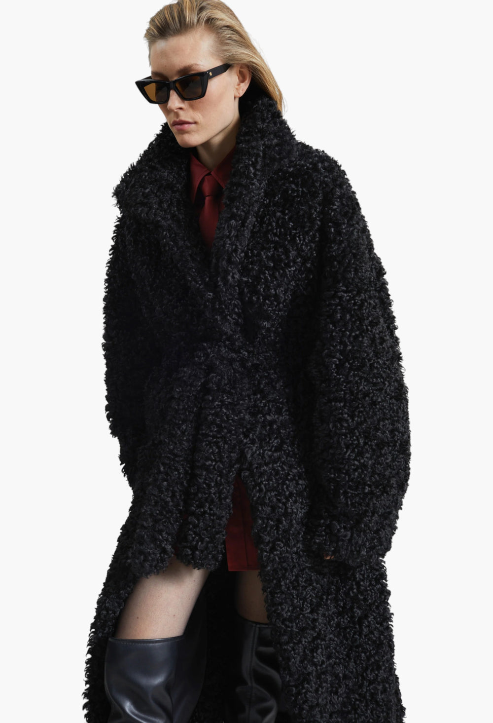 Ravello Faux Shearling Robe Coat - Black - GLAM MODA