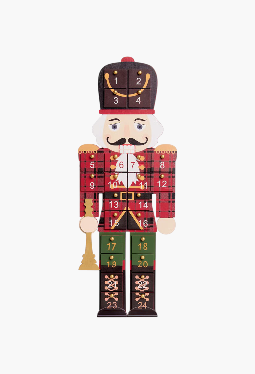 GLAM MODA Nutcracker advent calendar made of resin with a red tartan pattern and numbered drawers for Christmas treats