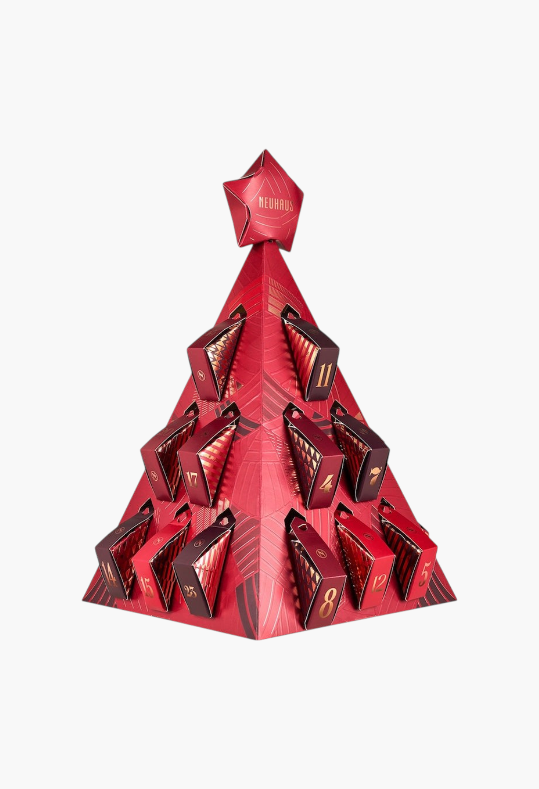 GLAM MODA Neuhaus Irrésistibles Christmas tree advent calendar with 25 red and gold numbered chocolate gift boxes.