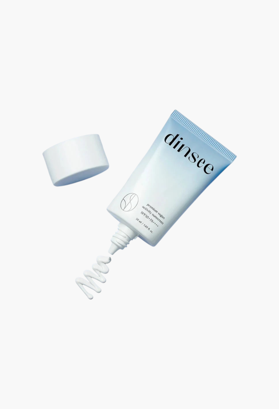 GLAM MODA Dinsee vegan SPF50+ sunscreen tube with white cream texture on a light blue background.