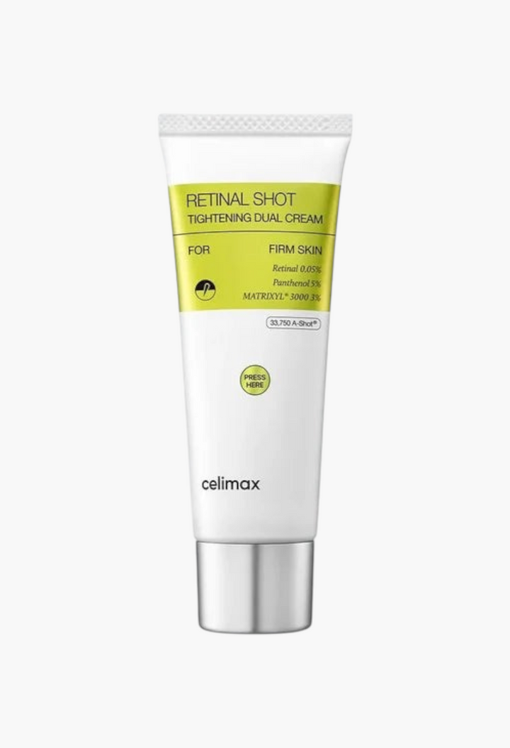 GLAM MODA Celimax Retinal Shot Tightening Dual Cream in a white squeeze tube with lime green accents