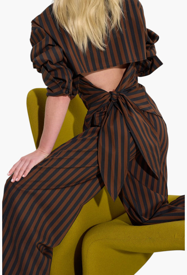 Loch Poplin Button Up - Black/Choco Brown Stripe