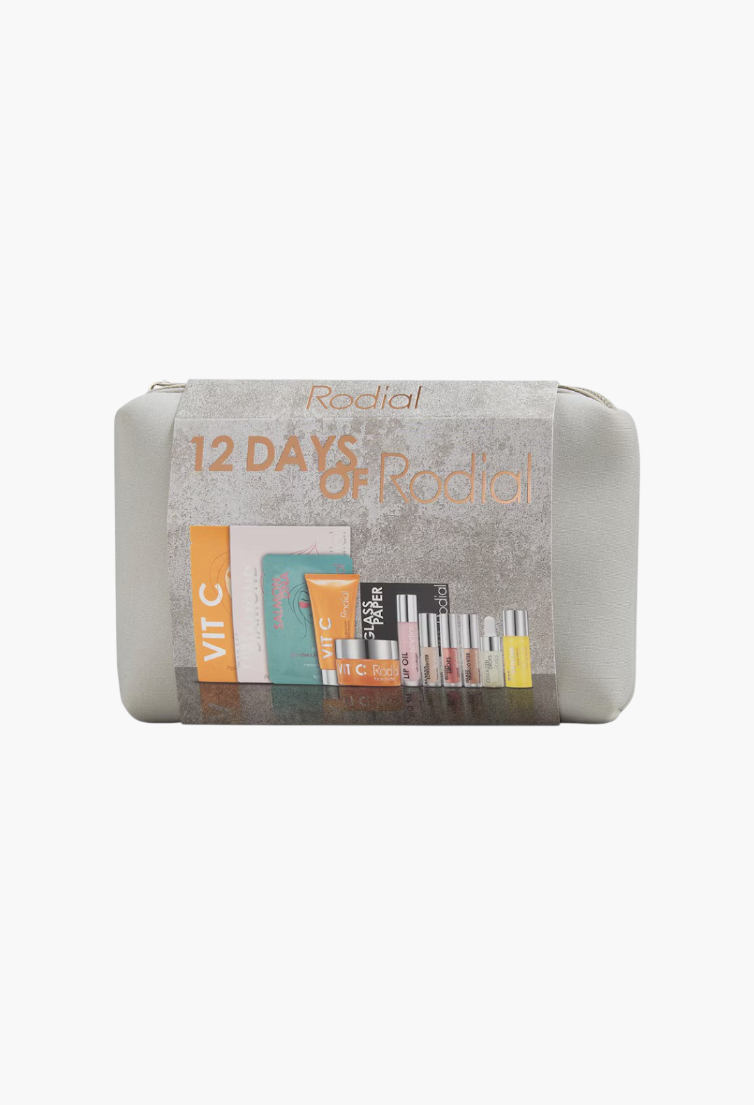 GLAM MODA 12 Days of Rodial Glow skincare and makeup advent calendar set featuring assorted beauty products in a pouch