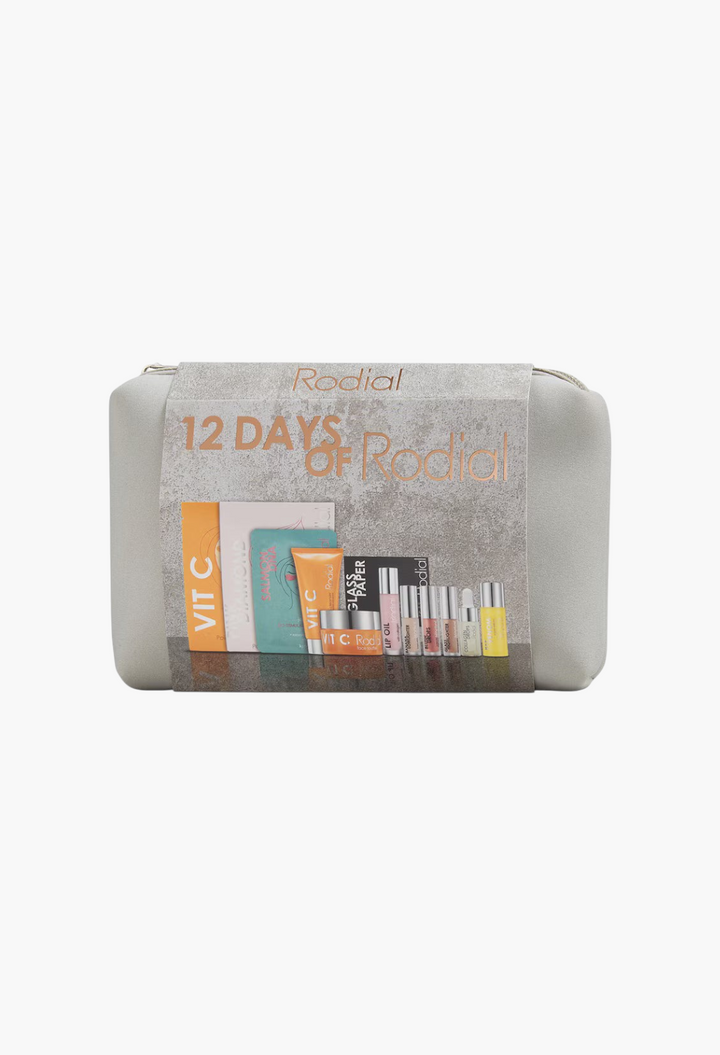 GLAM MODA 12 Days of Rodial Glow skincare and makeup advent calendar set featuring assorted beauty products in a pouch