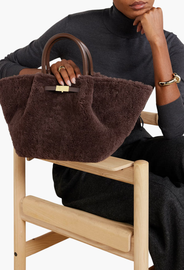 Brown - New York Midi Leather-Trimmed Shearling Tote