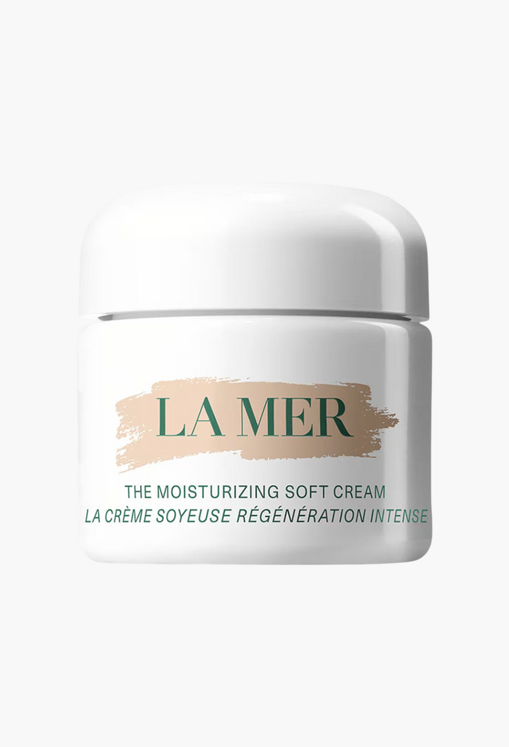 GLAM MODA La Mer The Moisturizing Soft Cream in a white jar with green text, an anti-ageing skincare treatment.