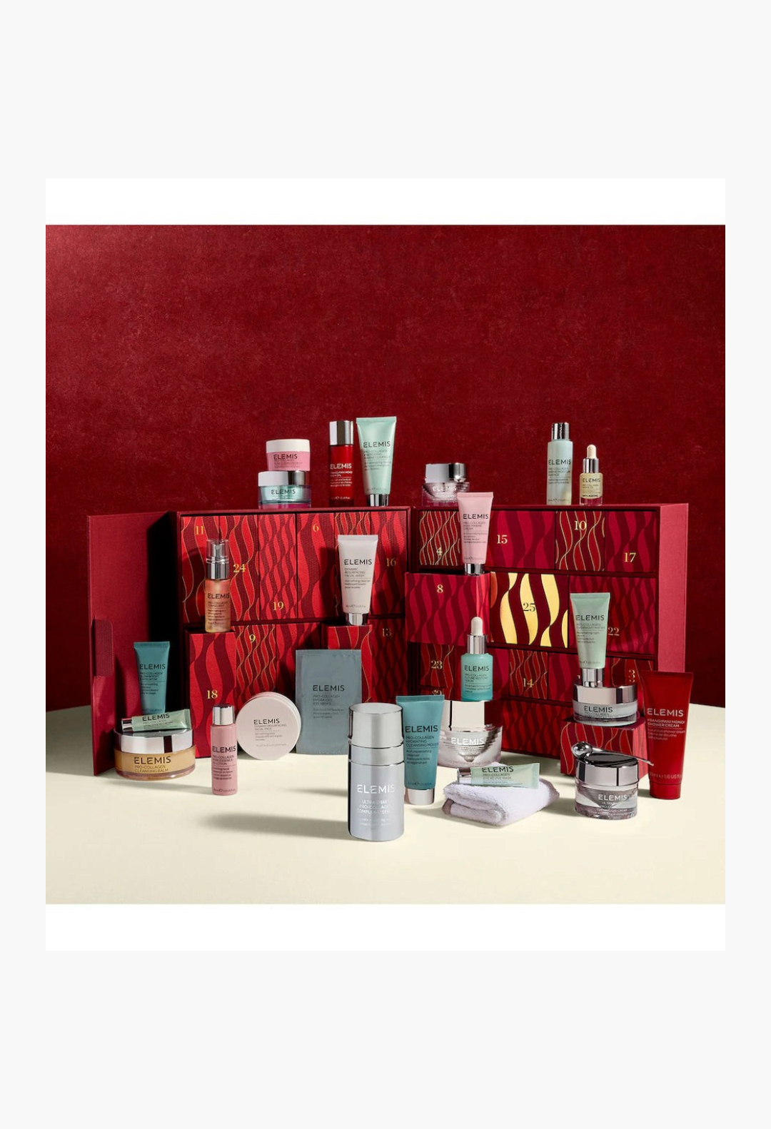 GLAM MODA Elemis skincare advent calendar featuring 25 luxury beauty products in a red patterned gift box