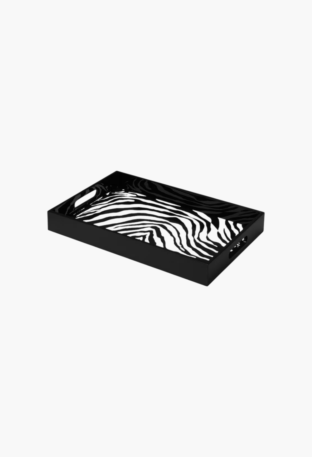 GLAM MODA wooden serving tray featuring a bold black and white zebra print pattern with integrated side handles.