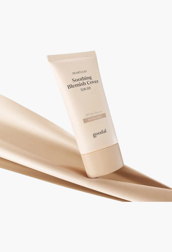 GLAM MODA Goodal Heartleaf Soothing Blemish Cover Sun BB in neutral beige with SPF50+ protection on a silk background