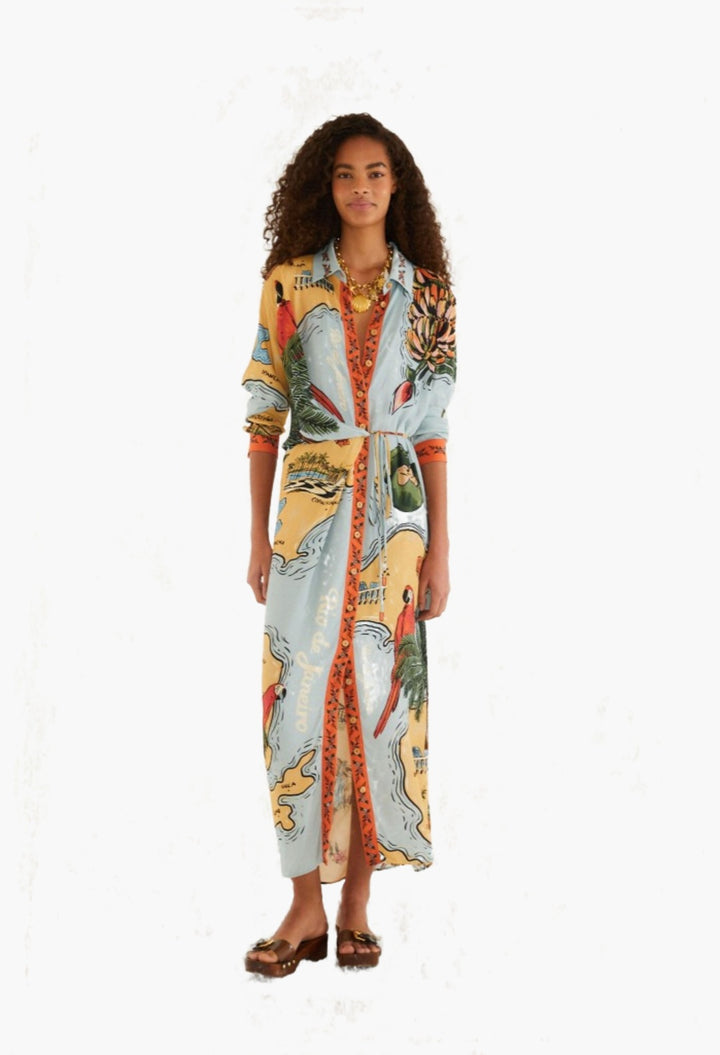 multicolor beaches path collared buttoned maxi dress