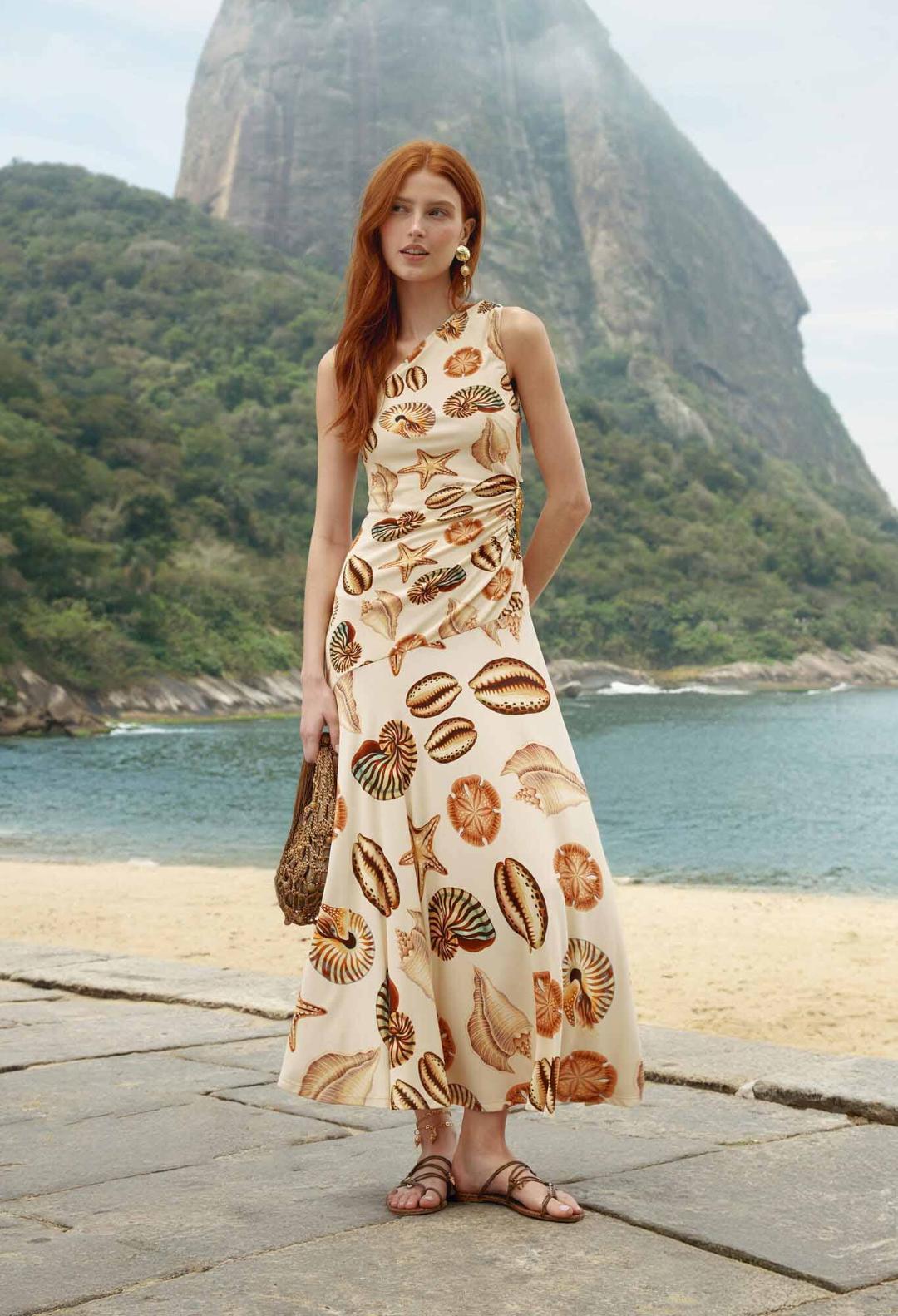 sand marine shells tassel one-shoulder maxi dress