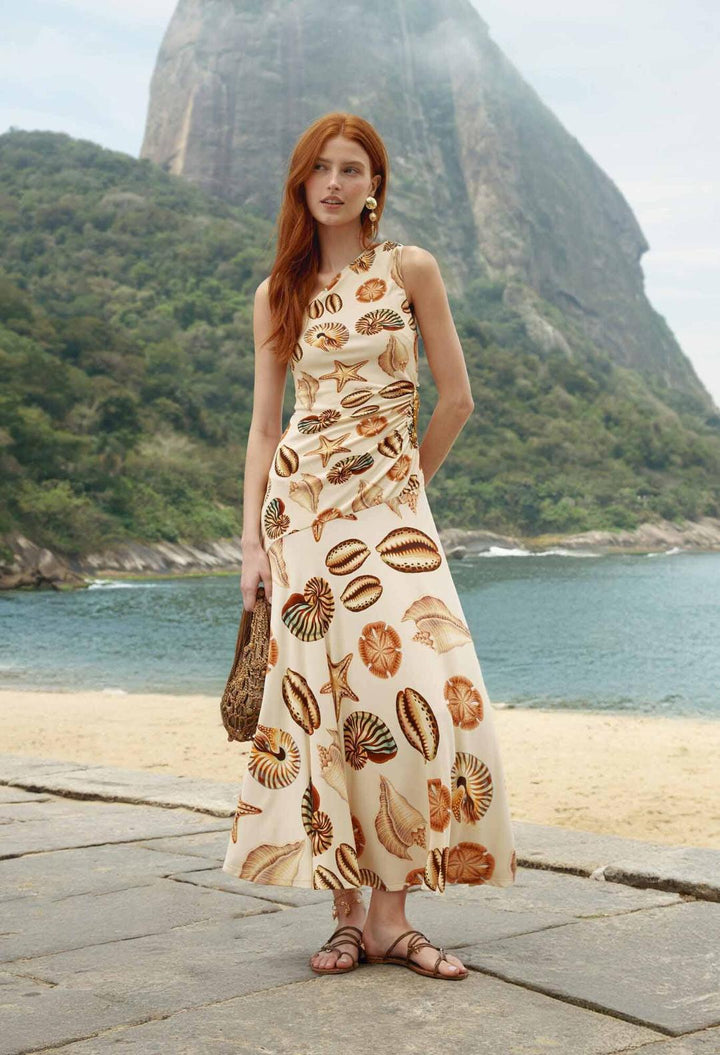sand marine shells tassel one-shoulder maxi dress