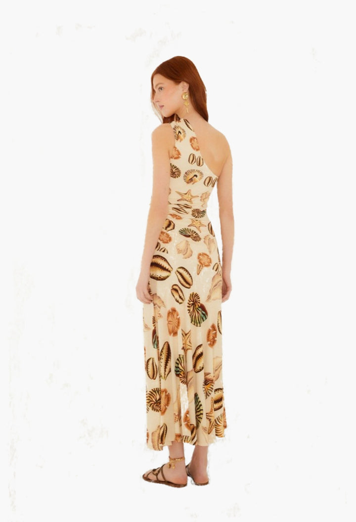sand marine shells tassel one-shoulder maxi dress