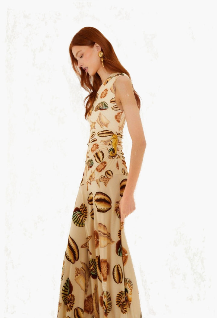 sand marine shells tassel one-shoulder maxi dress