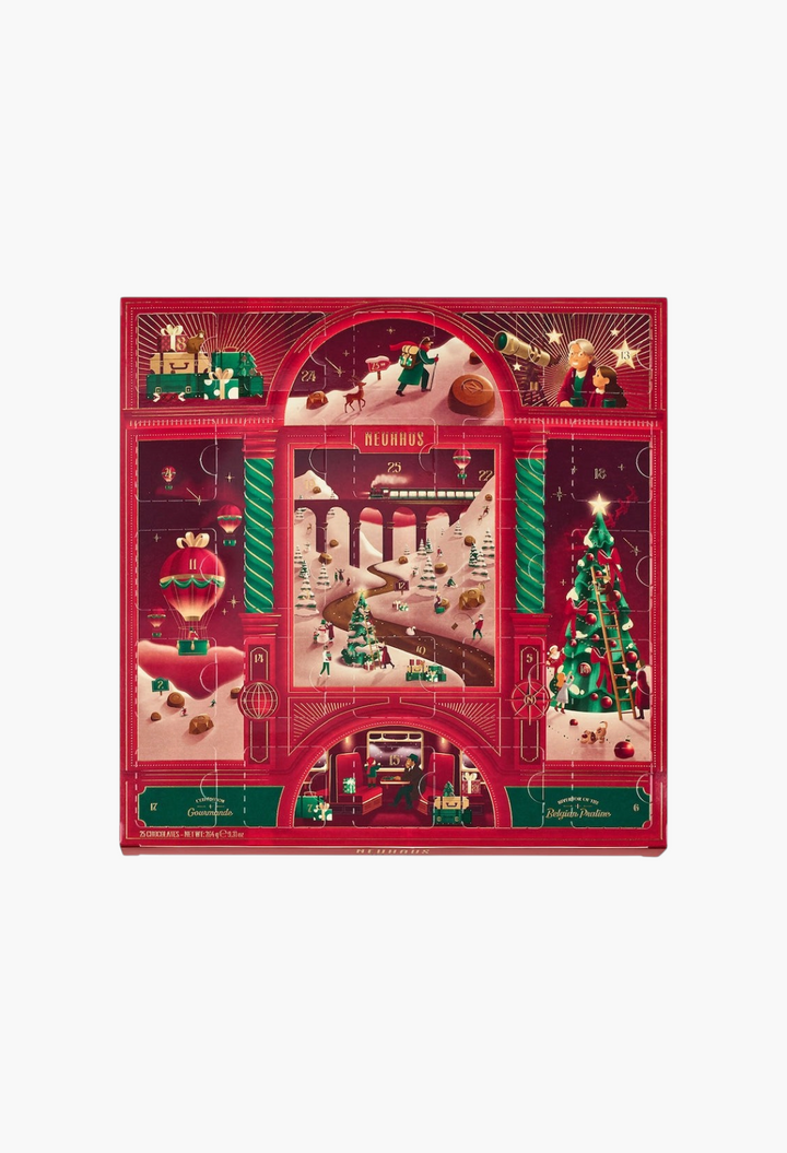 GLAM MODA Neuhaus chocolate advent calendar with festive red illustration and numbered doors for Christmas countdown
