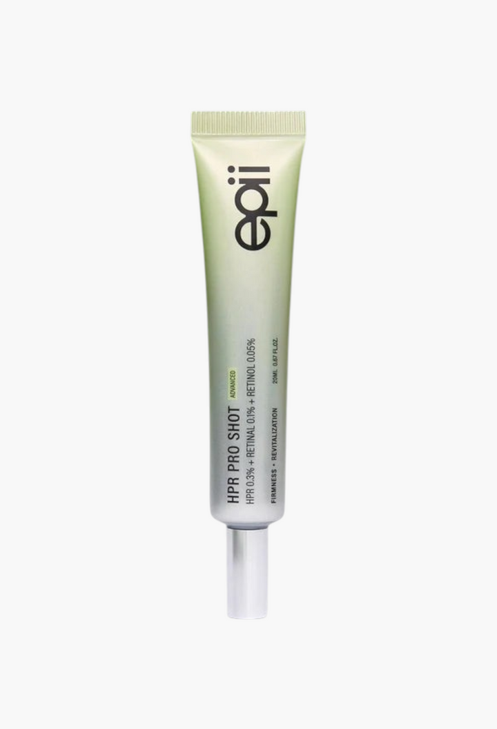 GLAM MODA Epii HPR Pro Shot 3-Retinoid serum in a sleek light green tube for anti-aging and skin firming care.