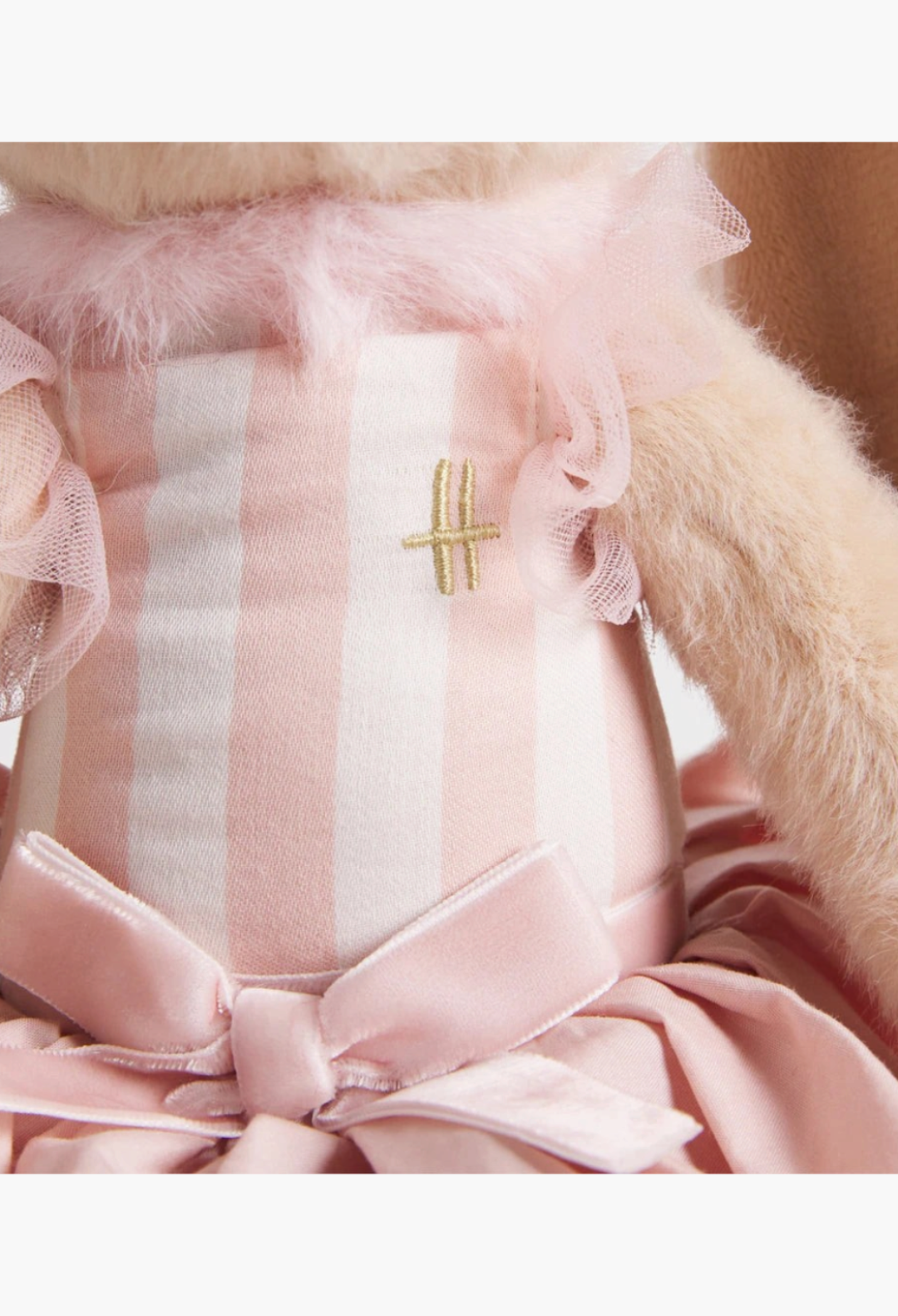 GLAM MODA Ballerina Bunny soft toy featuring a pink and white striped bodice with ruffled tulle and a velvet bow.