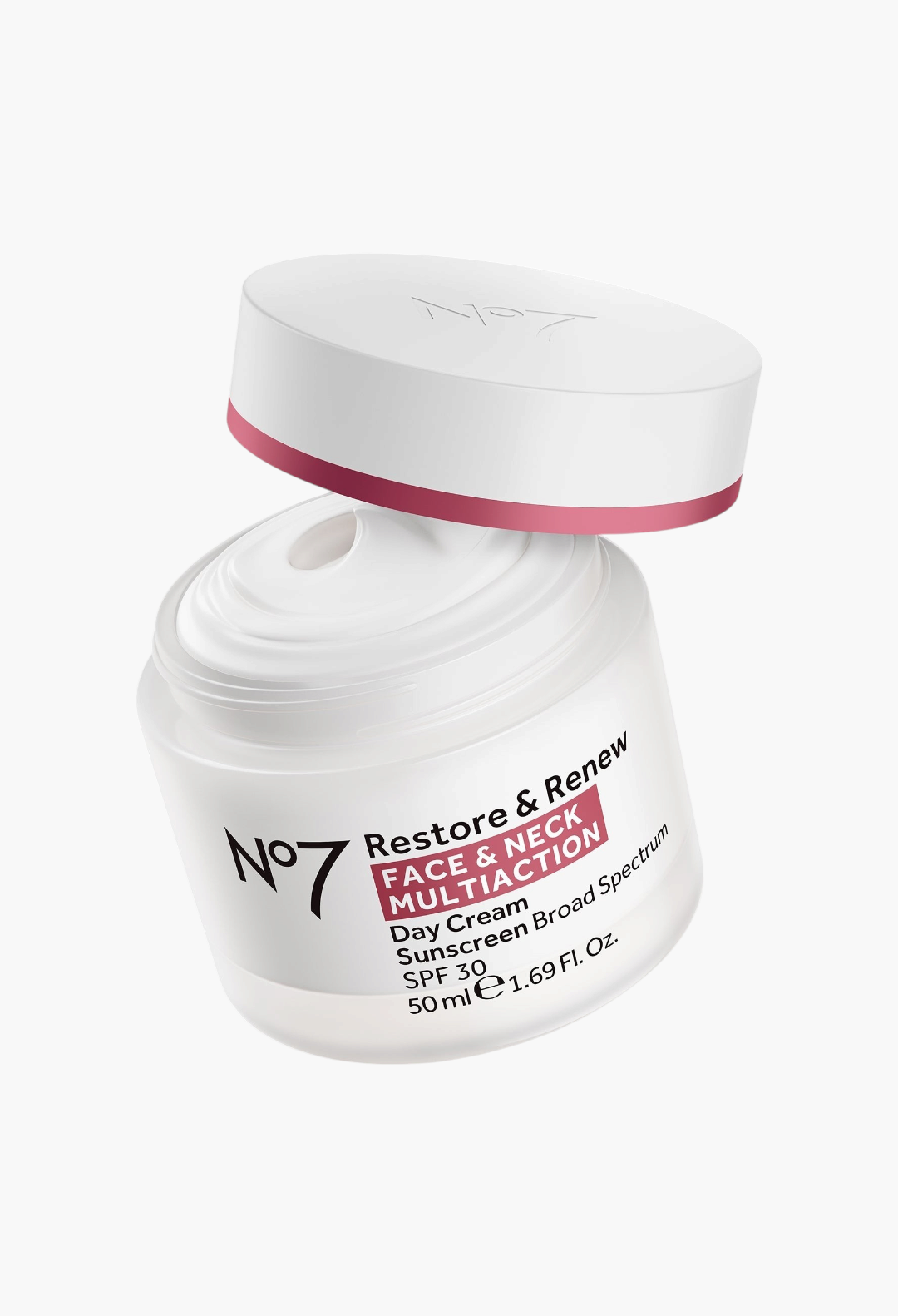 GLAM MODA No7 Restore & Renew face and neck day cream in a white jar with SPF 30 and a pink accented lid