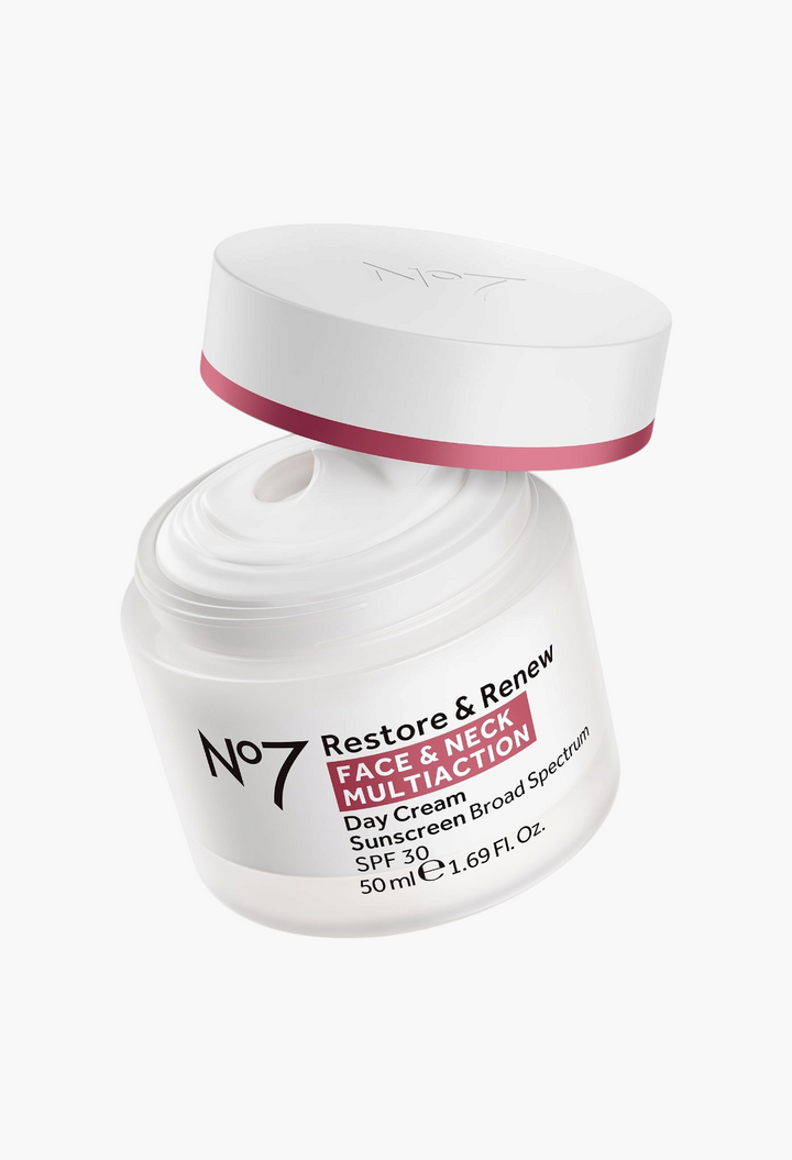 GLAM MODA No7 Restore & Renew face and neck day cream in a white jar with SPF 30 and a pink accented lid
