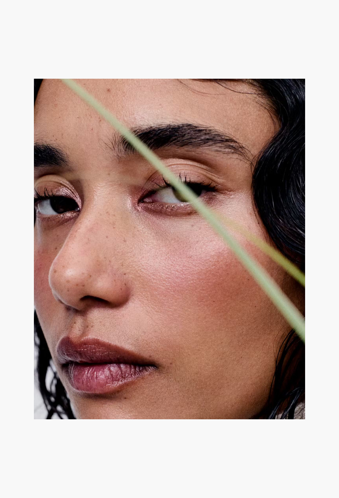GLAM MODA Glossier You Doux woody fragrance model portrait with natural skin finish and soft botanical accent