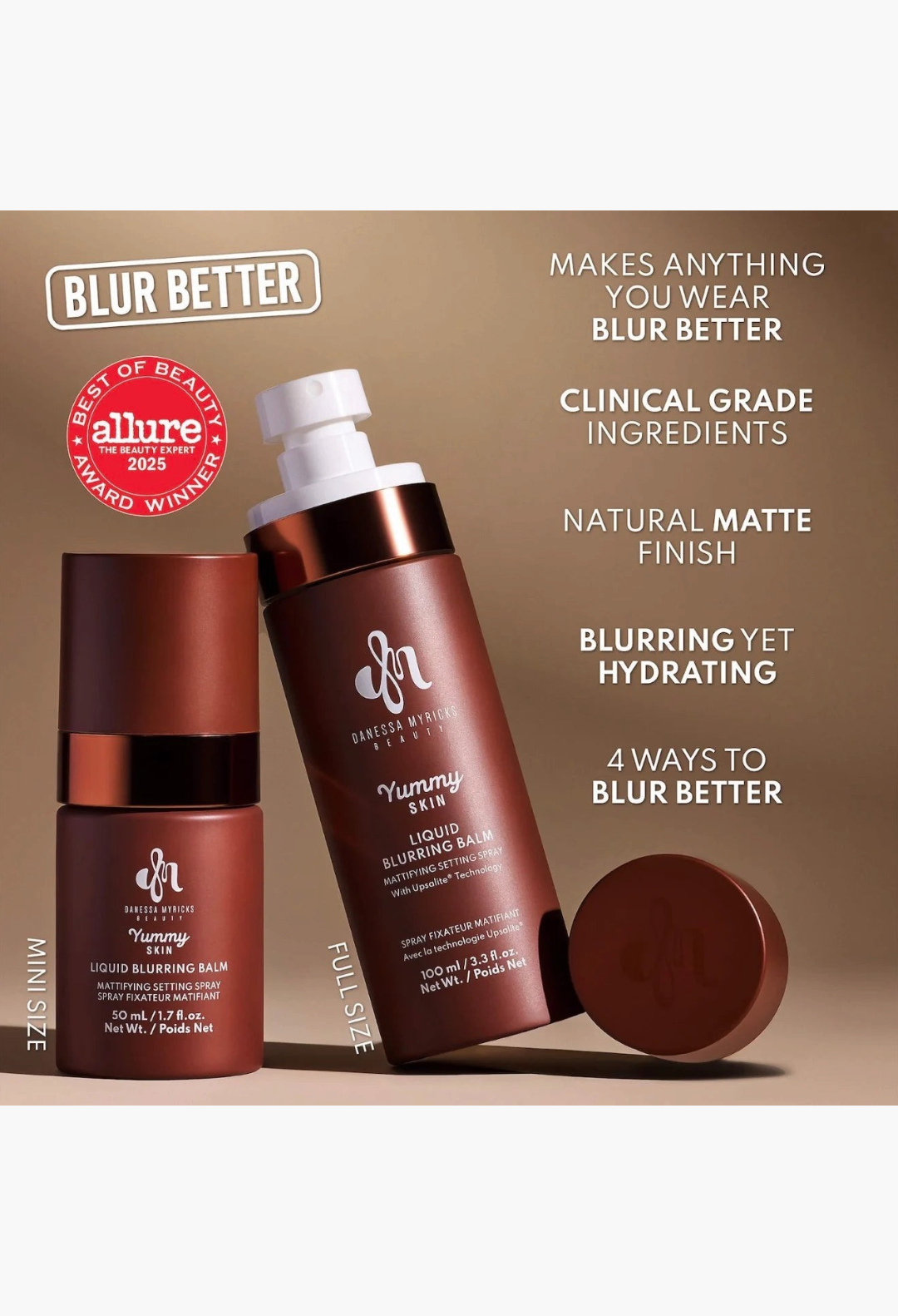GLAM MODA Danessa Myricks Beauty Yummy Skin mattifying setting spray in full and mini sizes with Allure award badge
