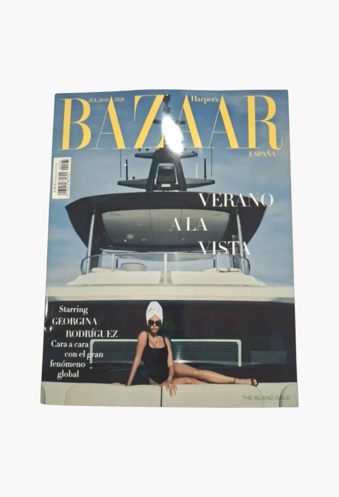GLAM MODA Harper's Bazaar Spain July 2026 magazine cover featuring Georgina Rodriguez on a yacht
