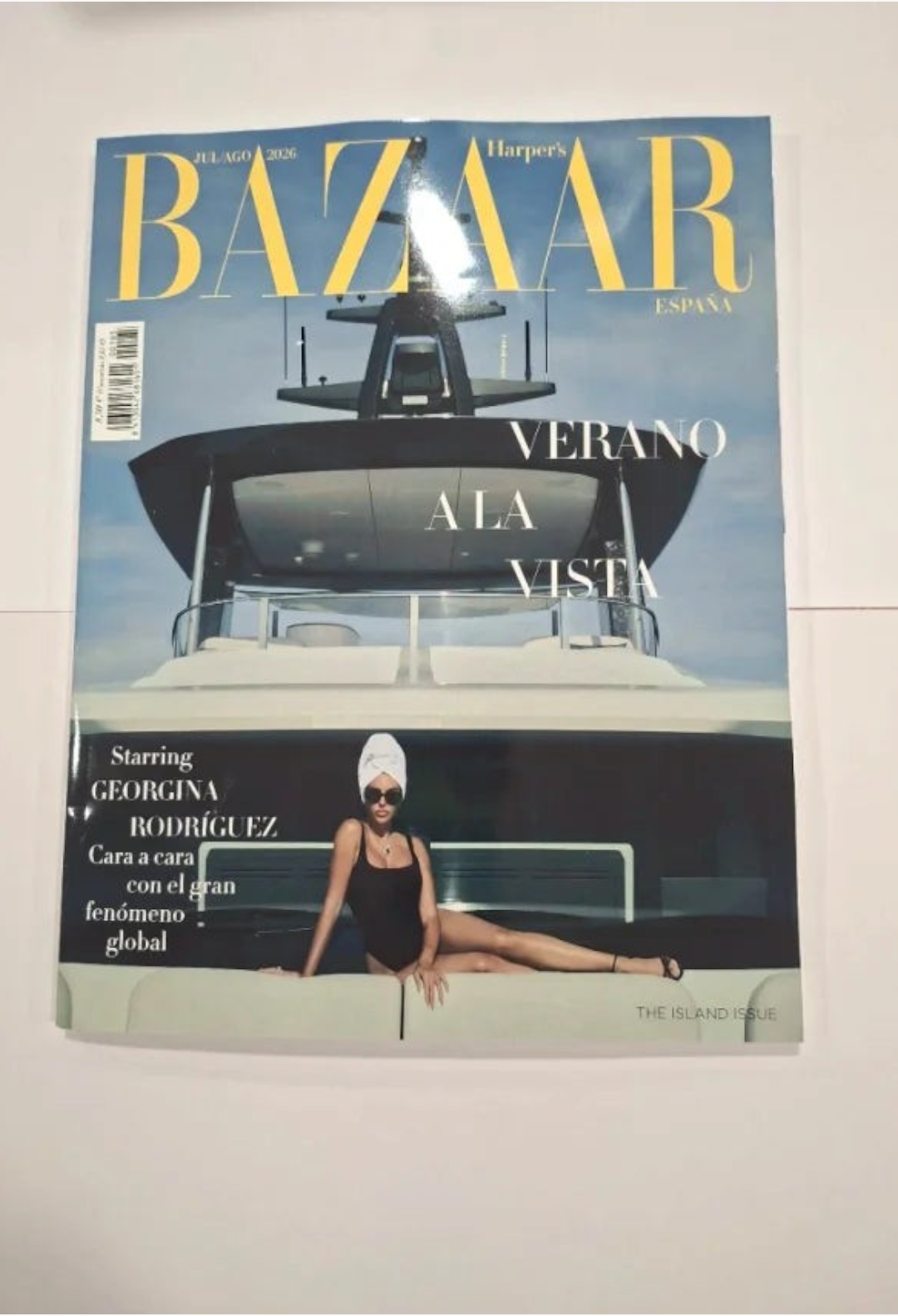 GLAM MODA Bazaar Spain July 2026 magazine cover featuring Georgina Rodriguez on a yacht