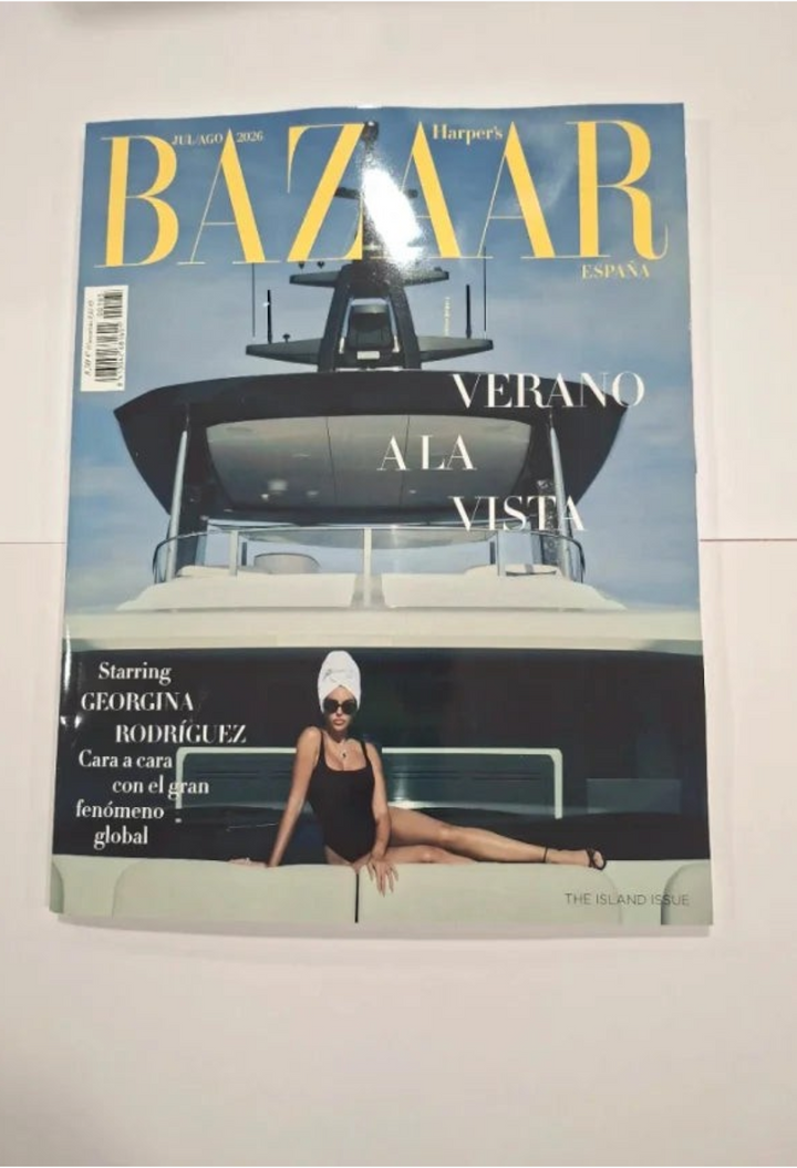 GLAM MODA Bazaar Spain July 2026 magazine cover featuring Georgina Rodriguez on a yacht
