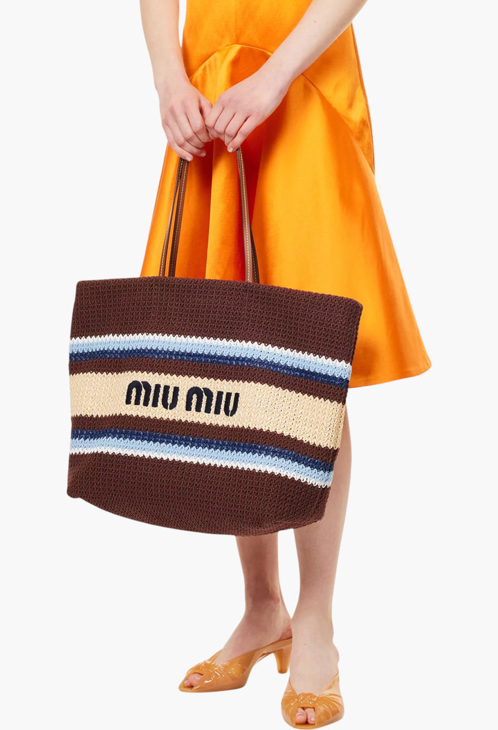 Striped Embroidered-Logo Woven Tote Bag - GLAM MODA