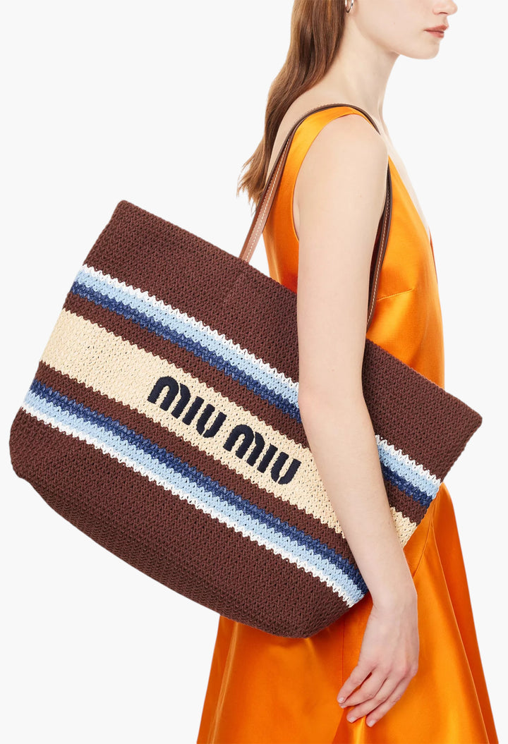 Striped Embroidered-Logo Woven Tote Bag - GLAM MODA