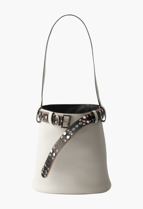 White/Black - Prada Buckle Leather Bucket Bag With Studded Belt