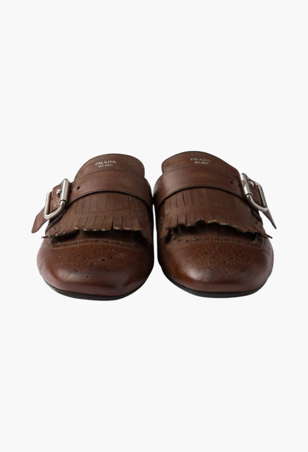 Cognac - Shuffle Fringed Leather Mules